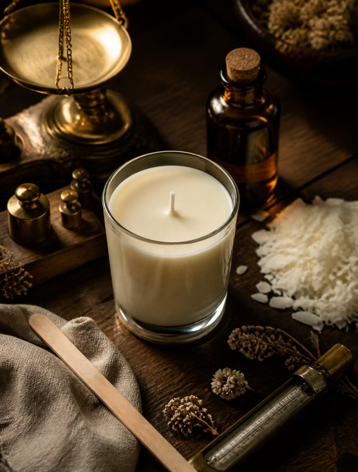 Freshly poured soy candle in a clear glass tumbler on a dark walnut workbench, surrounded by brass apothecary scale, amber fragrance bottle, soy wax flakes and dried botanicals.